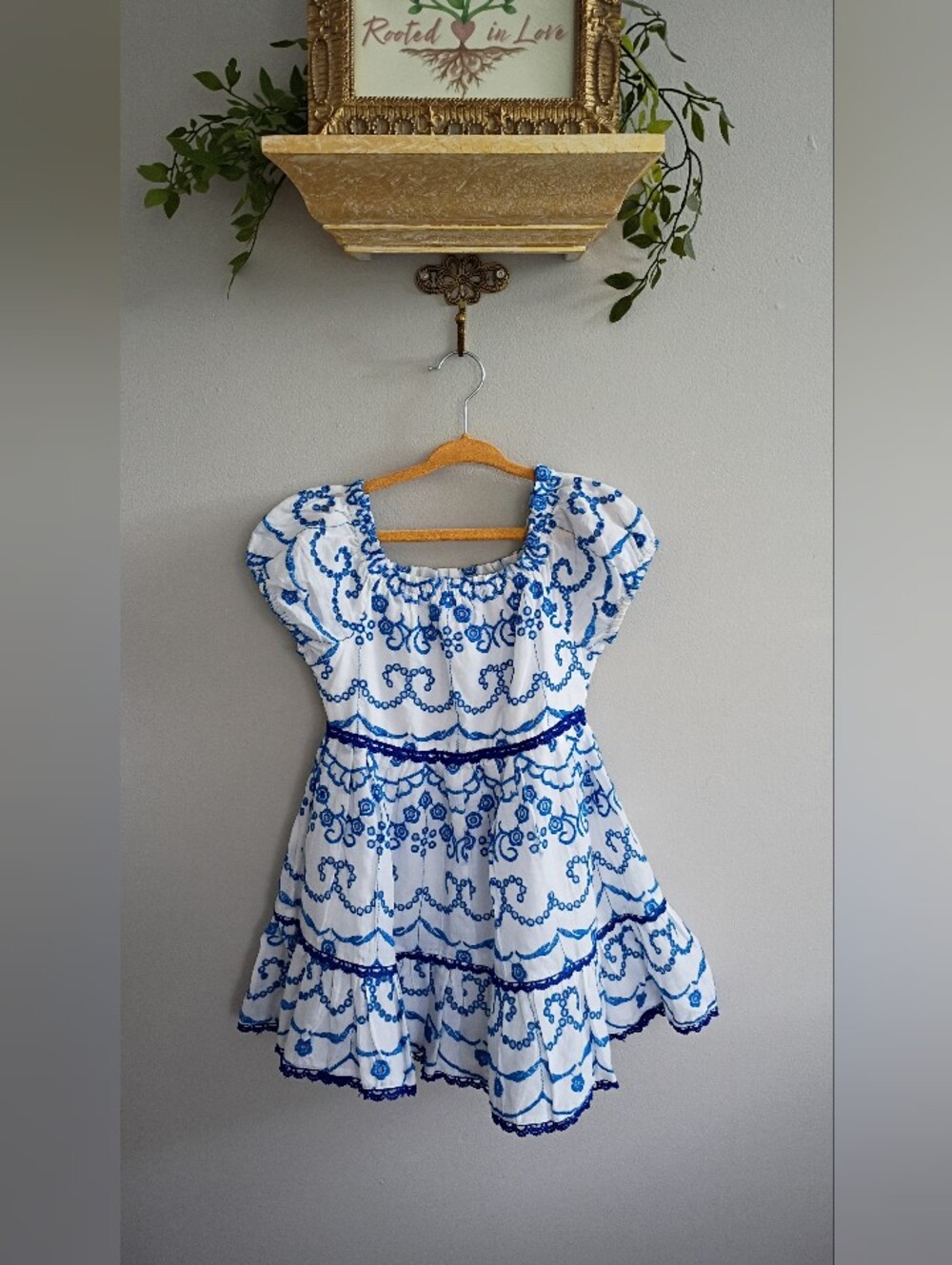 Rare Editions White Dress with Blue Embroidered Trim